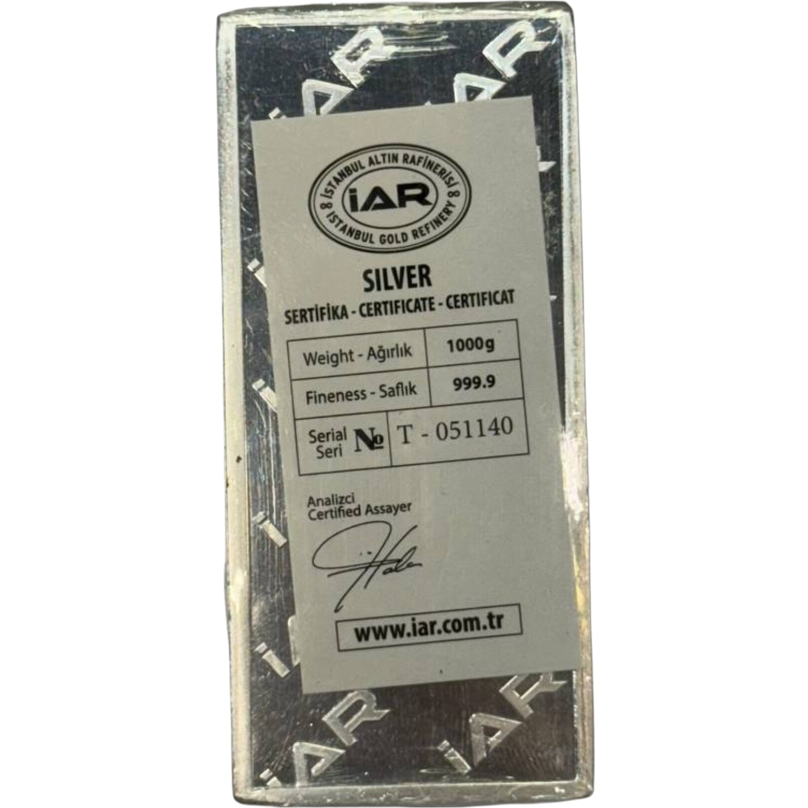 شمش نقره عیار (IAR) 1000 گرمی 999,9 (دو رو ضرب)